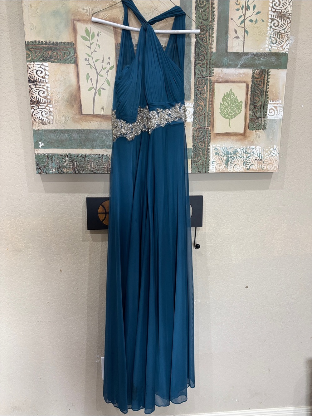 Azazie Teal Chiffon Gown with Silver Beaded Waist